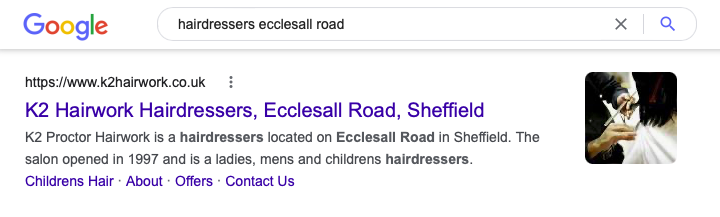 A screenshot of a Google search for hairdressers Ecclesall road