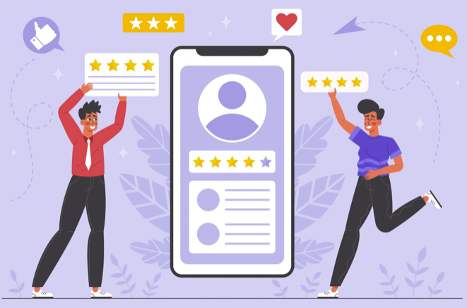 A cartoon showing 5 star reviews and an iPhone
