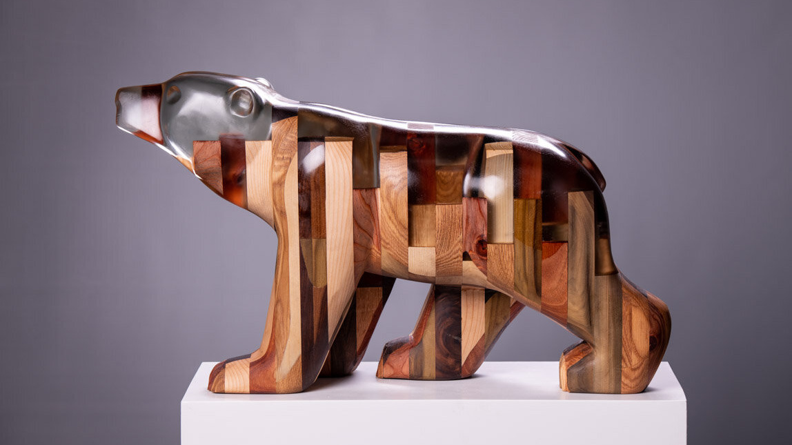 Blake McFarland's sculpture of a bear made with wood and epoxy and resin