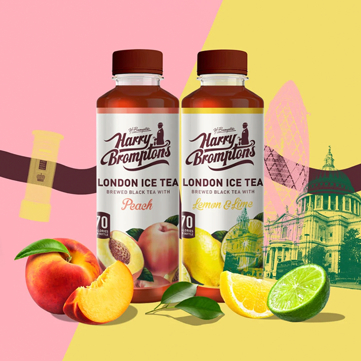 Two harry bromptons bottles with real fruit and London in the background
