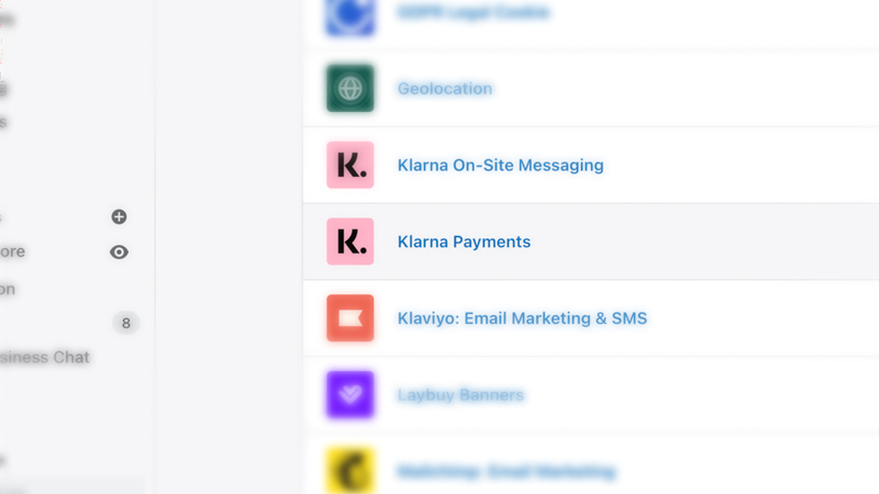 A screenshot of Shopify plugins including Klarna