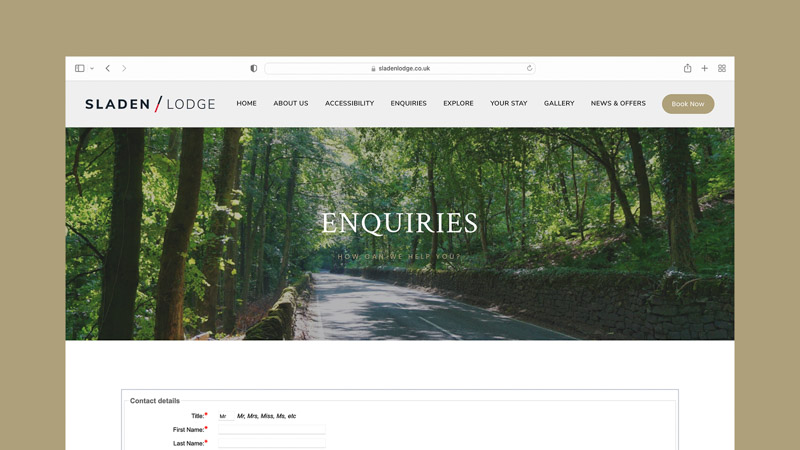 A screenshot of Sladen Lodge website enquiries page