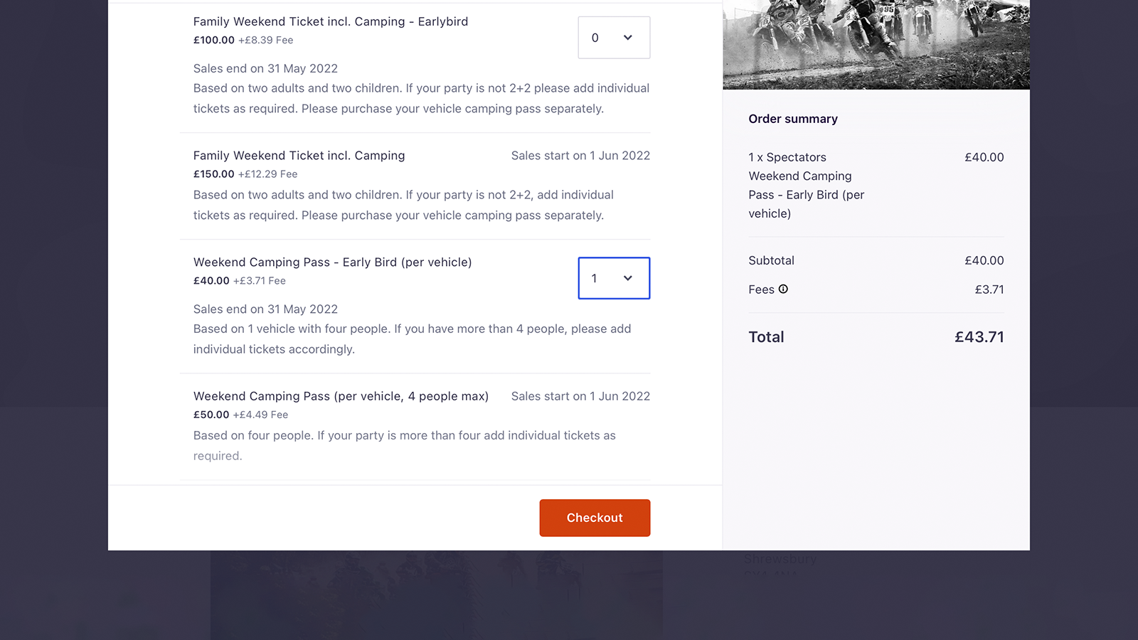 A screenshot of an Eventbrite page for World Vets Motocross tickets