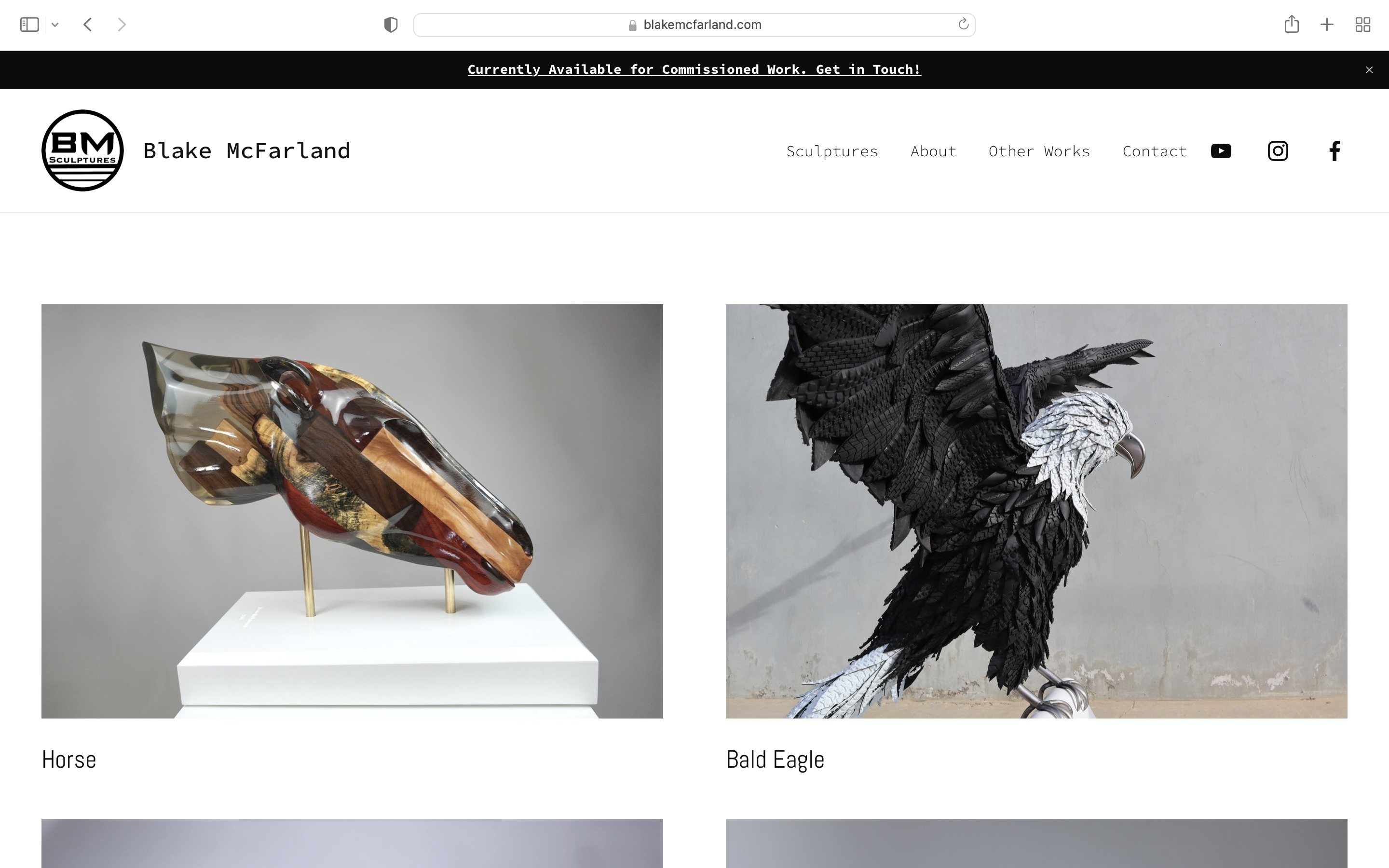 A screenshot of Blake McFarland Website sculptures page