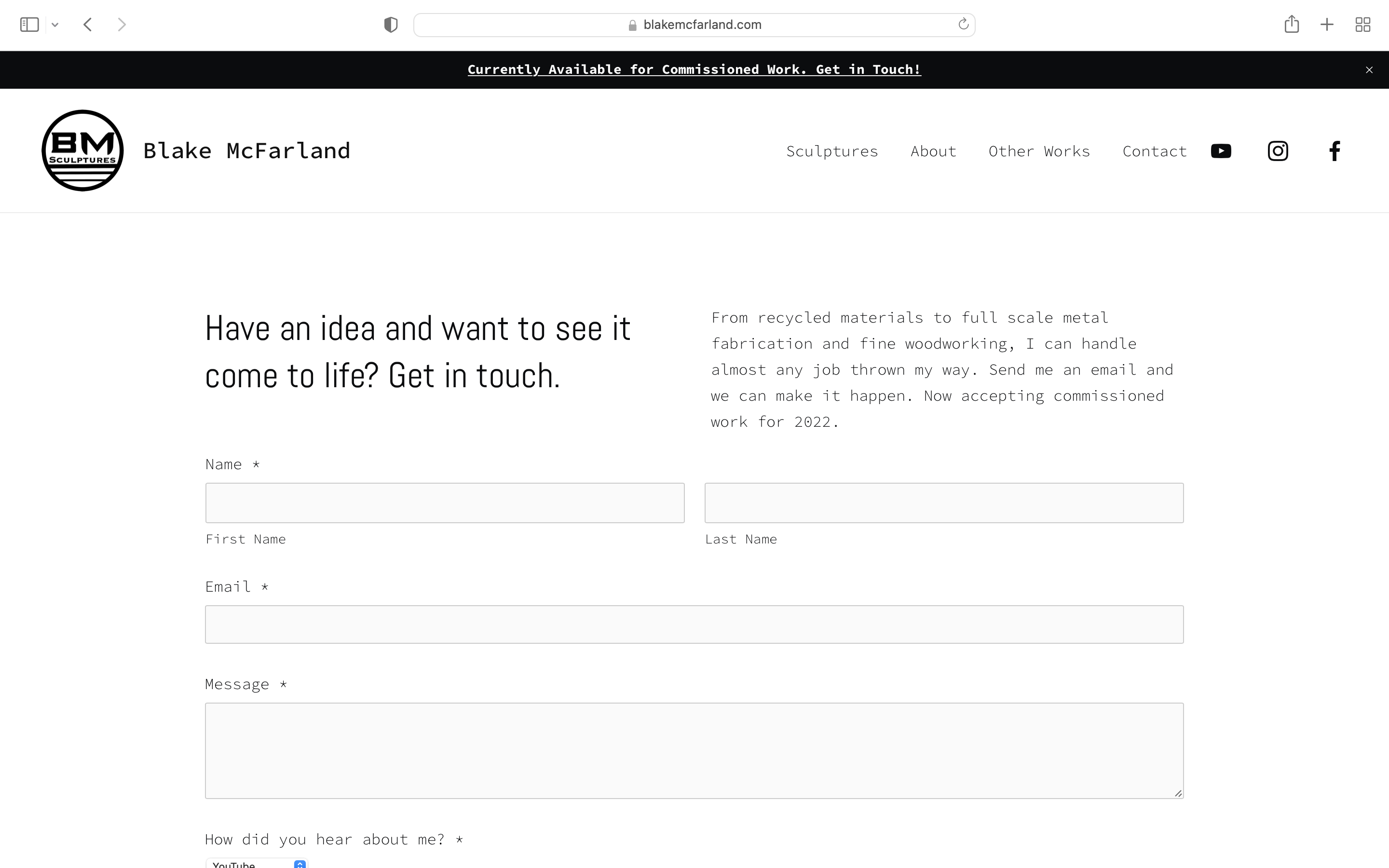 A screenshot of Blake McFarland Website contact page