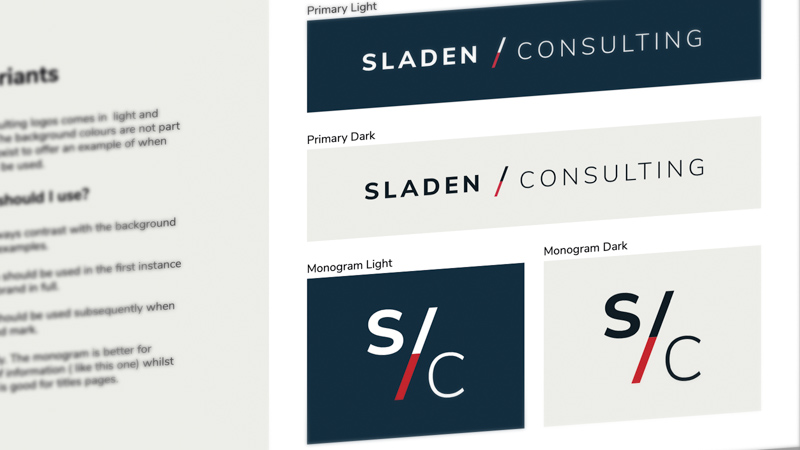 Brand guidelines for Sladen Consulting showing Logo variants