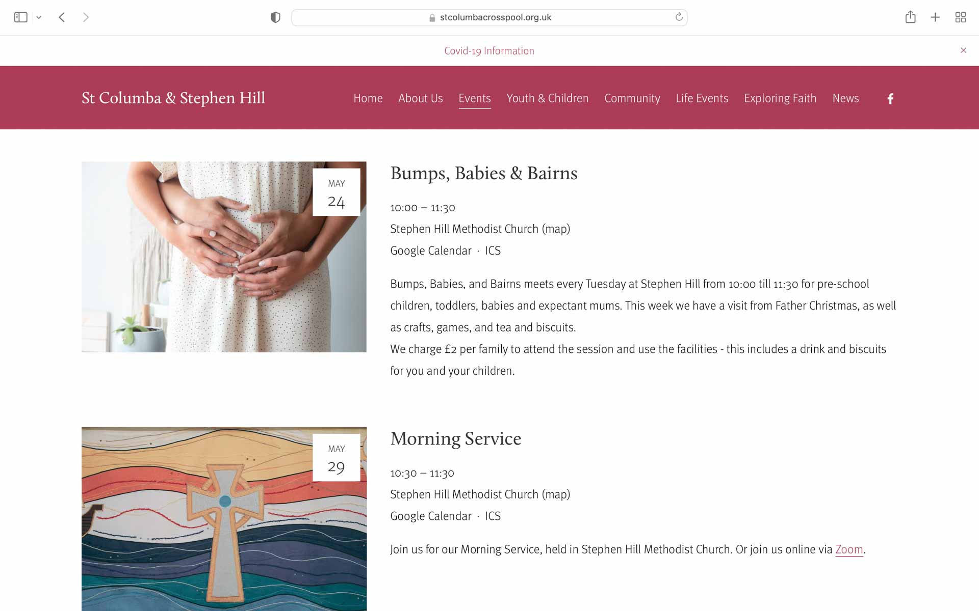 A screenshot of St Columba Sheffield website events