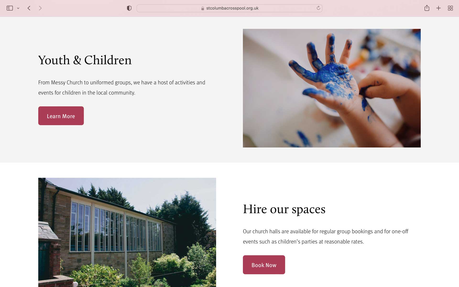 A screenshot of St Columba Sheffield website youth and children