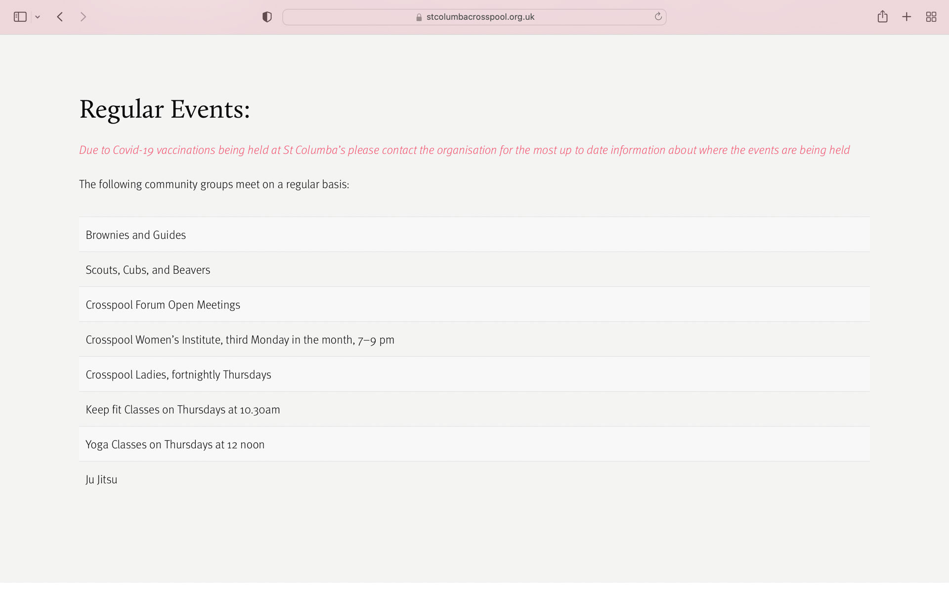 A screenshot of St Columba Sheffield website events