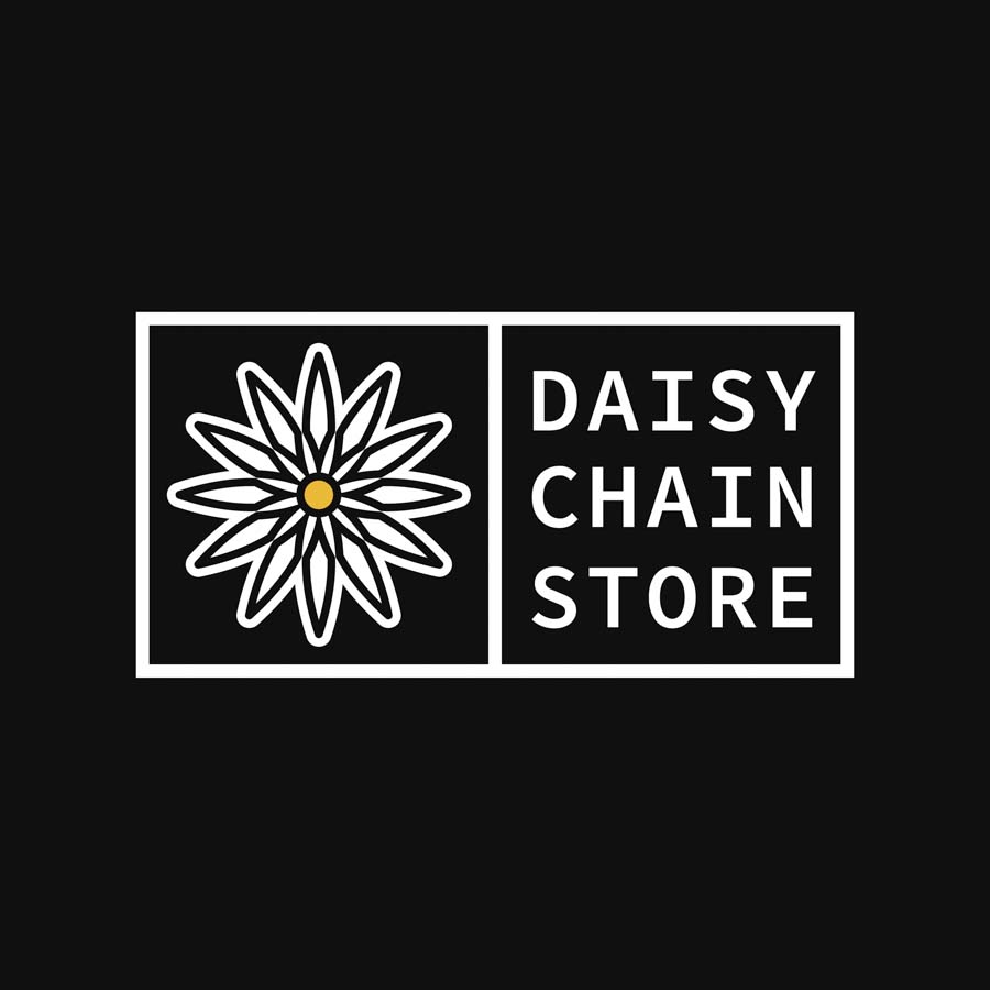 Daisy chain store logo in white and yellow on a black background