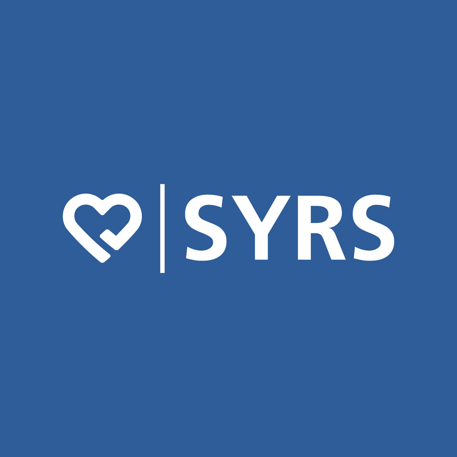 SYRS logo in white on a blue background