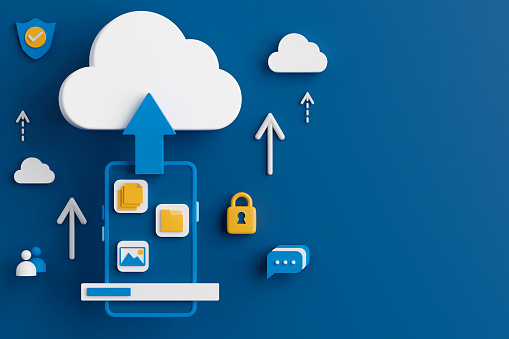 An infographic showing a phone uploading files to a cloud