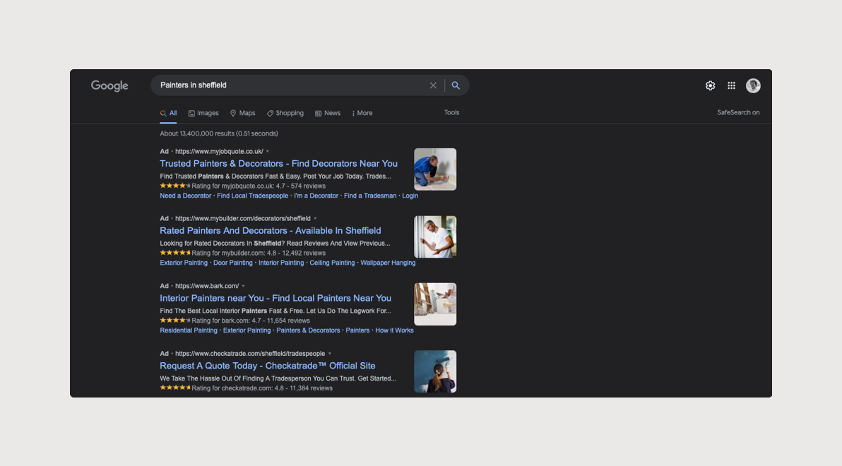 A screenshot of the google search painters in sheffield