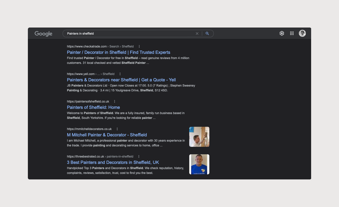 A screenshot of the google search painters in sheffield