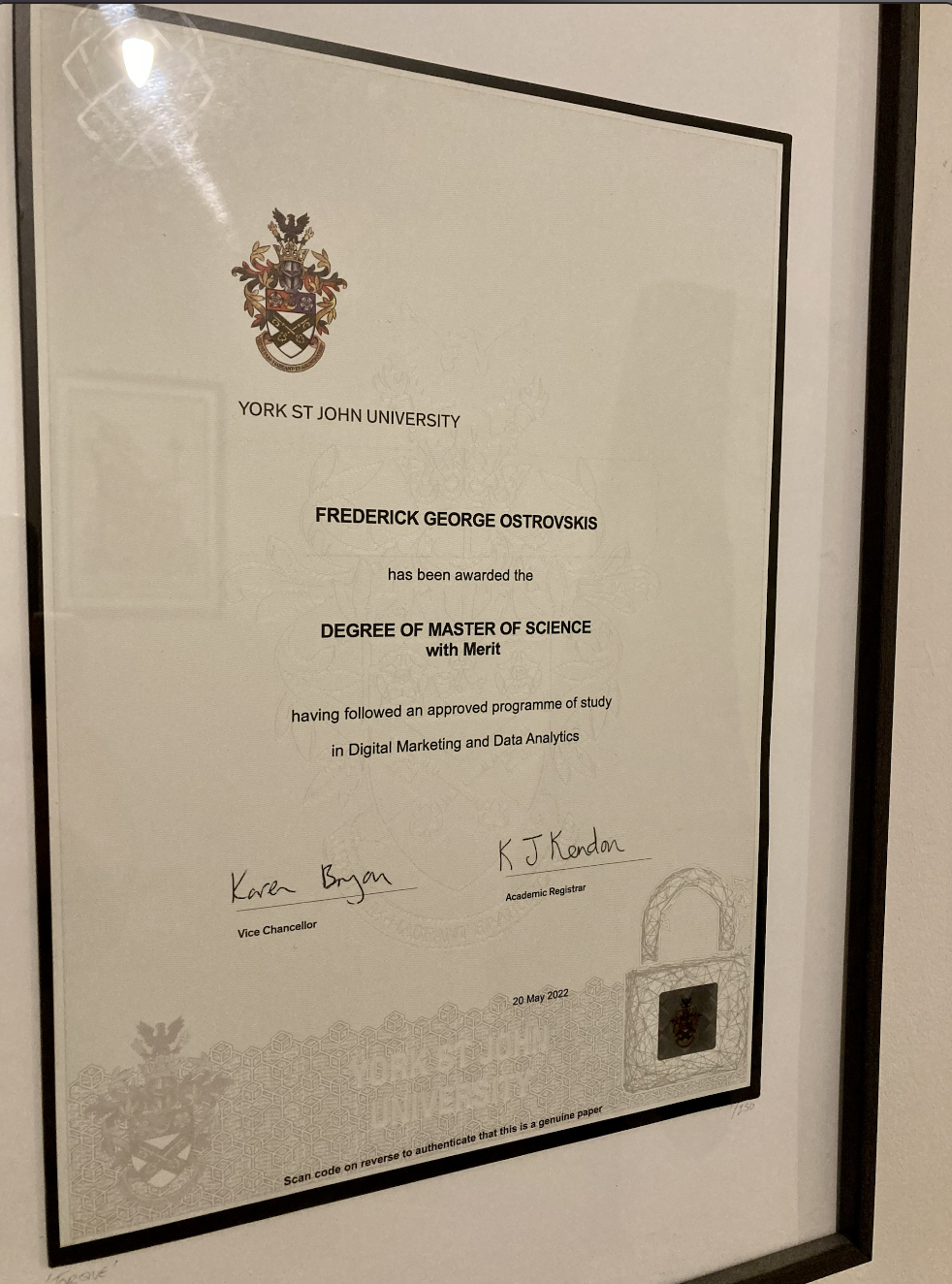 A photograph of Fred Ostrovskis's Graduation Certificate